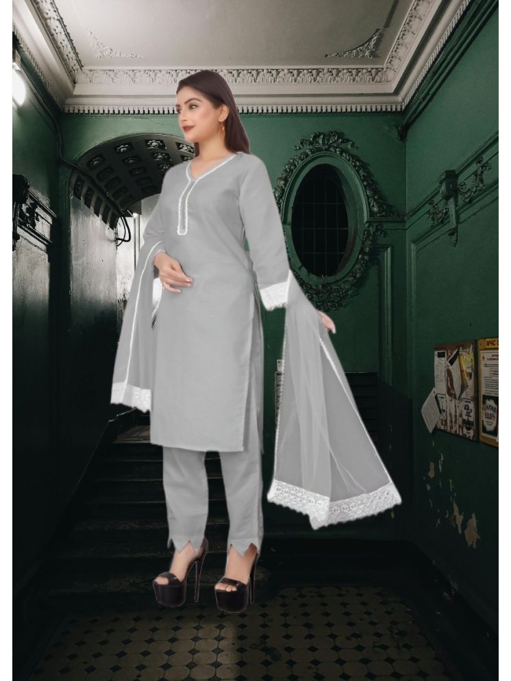     			RUTSH CREATION Cotton Self Design Kurti With Pants Women's Stitched Salwar Suit - Light Grey ( Pack of 1 )