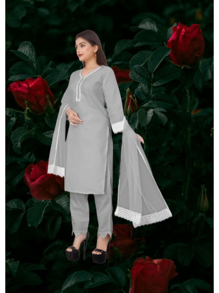     			RUTSH CREATION Cotton Self Design Kurti With Pants Women's Stitched Salwar Suit - Light Grey ( Pack of 1 )