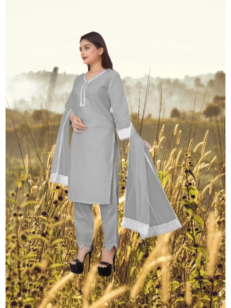     			RUTSH CREATION Cotton Self Design Kurti With Pants Women's Stitched Salwar Suit - Light Grey ( Pack of 1 )