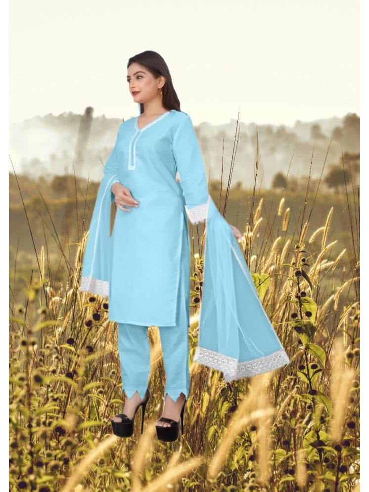     			RUTSH CREATION Cotton Self Design Kurti With Pants Women's Stitched Salwar Suit - Light Blue ( Pack of 1 )