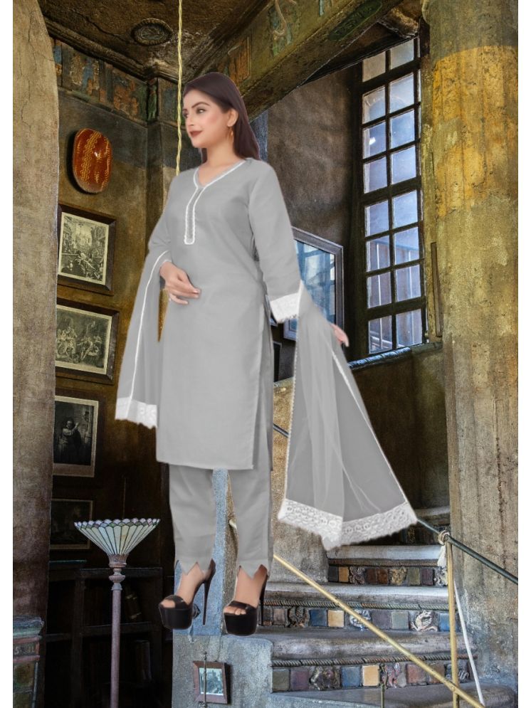     			RUTSH CREATION Cotton Self Design Kurti With Pants Women's Stitched Salwar Suit - Light Grey ( Pack of 1 )