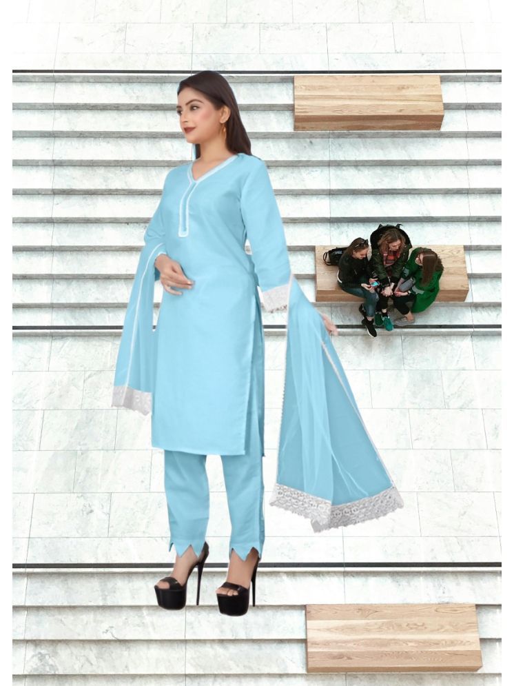     			RUTSH CREATION Cotton Self Design Kurti With Pants Women's Stitched Salwar Suit - Light Blue ( Pack of 1 )