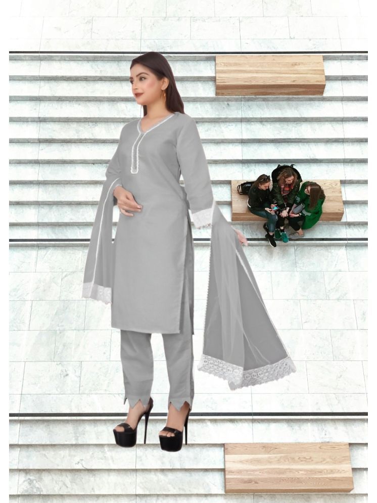     			RUTSH CREATION Cotton Self Design Kurti With Pants Women's Stitched Salwar Suit - Light Grey ( Pack of 1 )