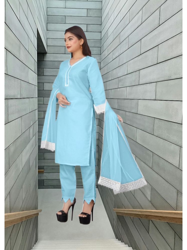     			RUTSH CREATION Cotton Self Design Kurti With Pants Women's Stitched Salwar Suit - Light Blue ( Pack of 1 )