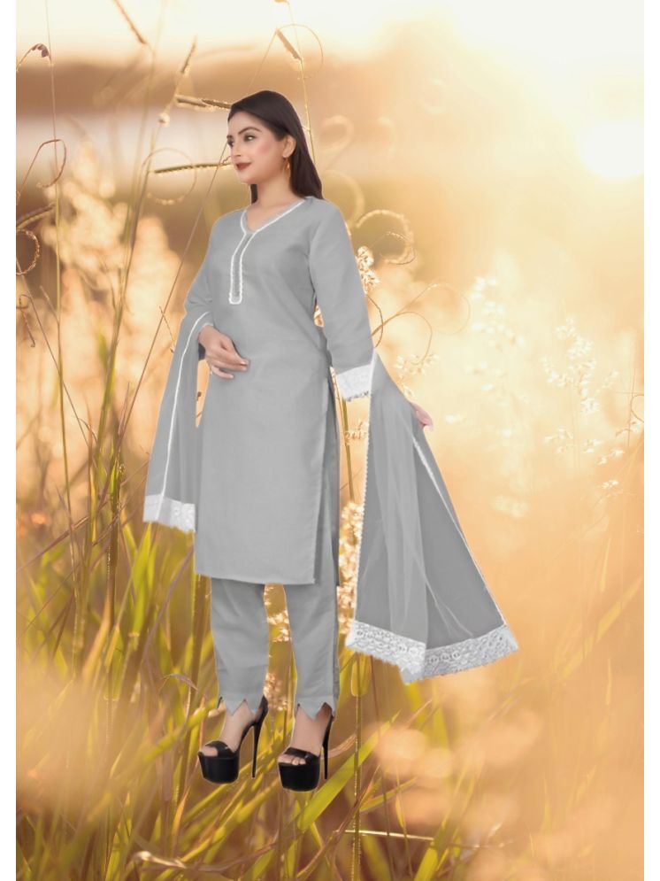     			RUTSH CREATION Cotton Self Design Kurti With Pants Women's Stitched Salwar Suit - Light Grey ( Pack of 1 )