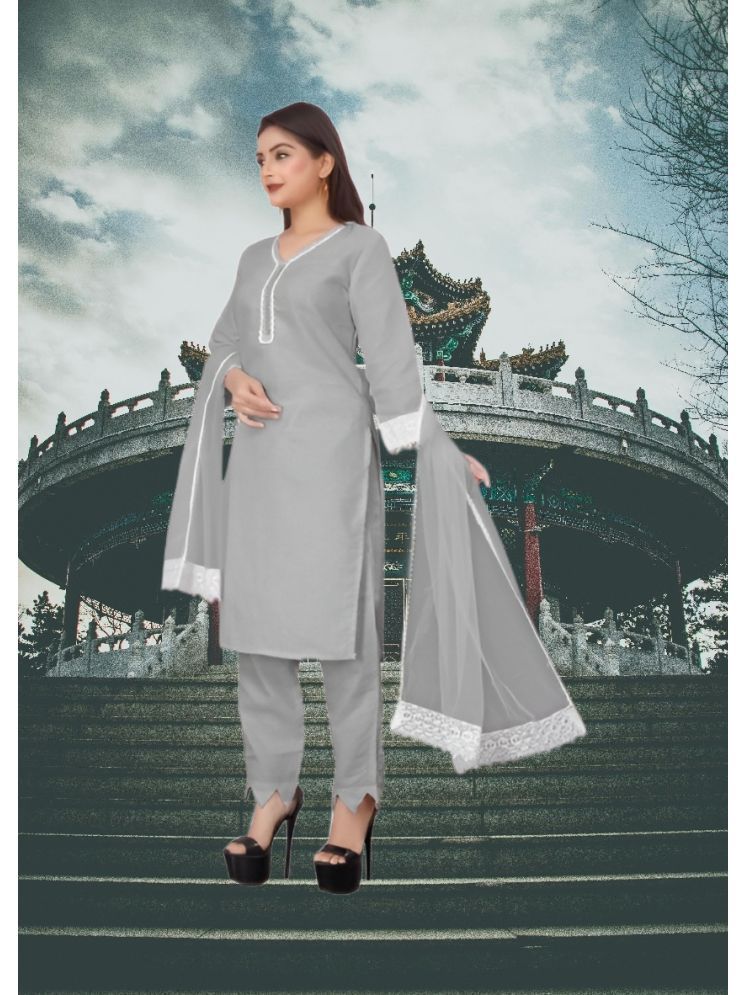     			RUTSH CREATION Cotton Self Design Kurti With Pants Women's Stitched Salwar Suit - Light Grey ( Pack of 1 )