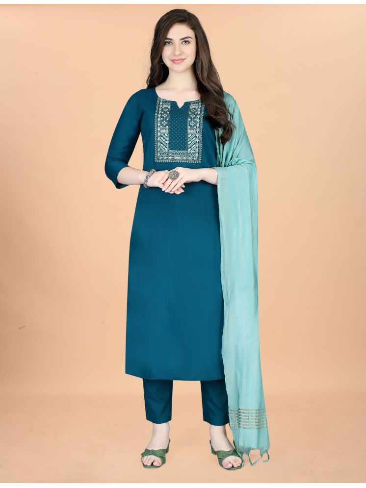     			Fashionfricks Cotton Blend Embroidered Kurti With Pants Women's Stitched Salwar Suit - Turquoise ( Pack of 1 )