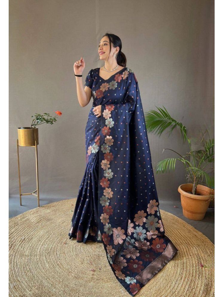     			Sanwariya Silks Pack of 1 Silk Blend Printed Saree With Blouse Piece ( Navy Blue )