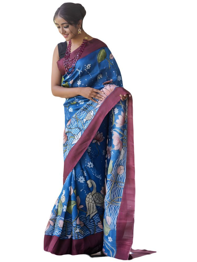     			Sidhidata Pack of 1 Linen Printed Saree With Blouse Piece ( Blue )