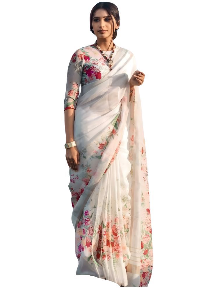     			Sidhidata Pack of 1 Linen Printed Saree With Blouse Piece ( White )