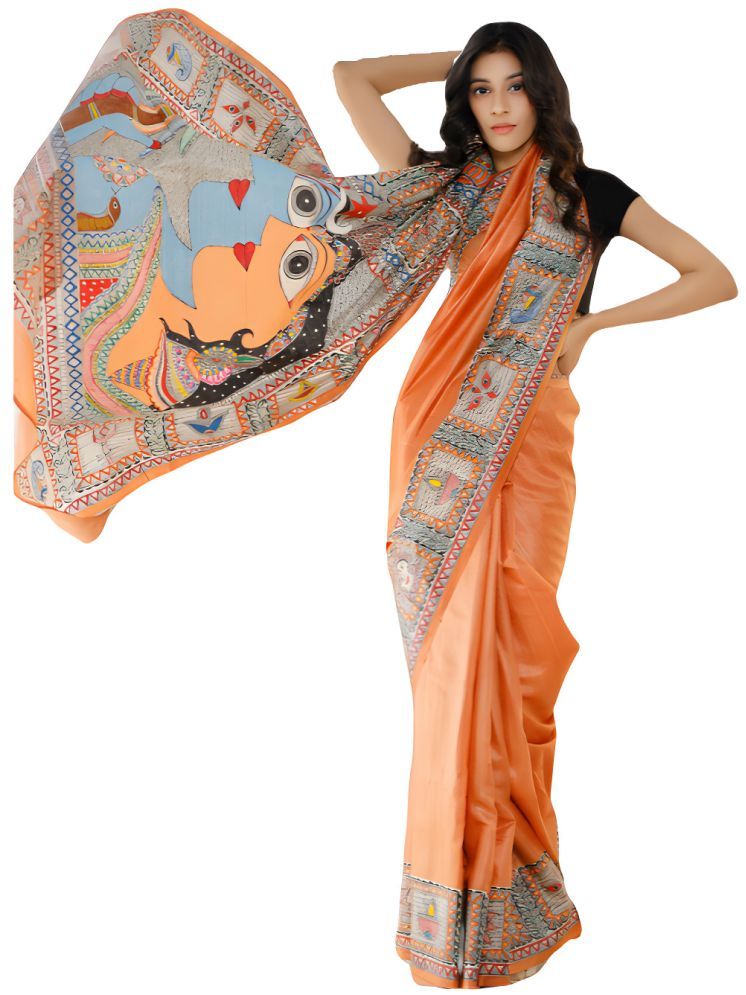     			Sidhidata Pack of 1 Linen Printed Saree With Blouse Piece ( Orange )