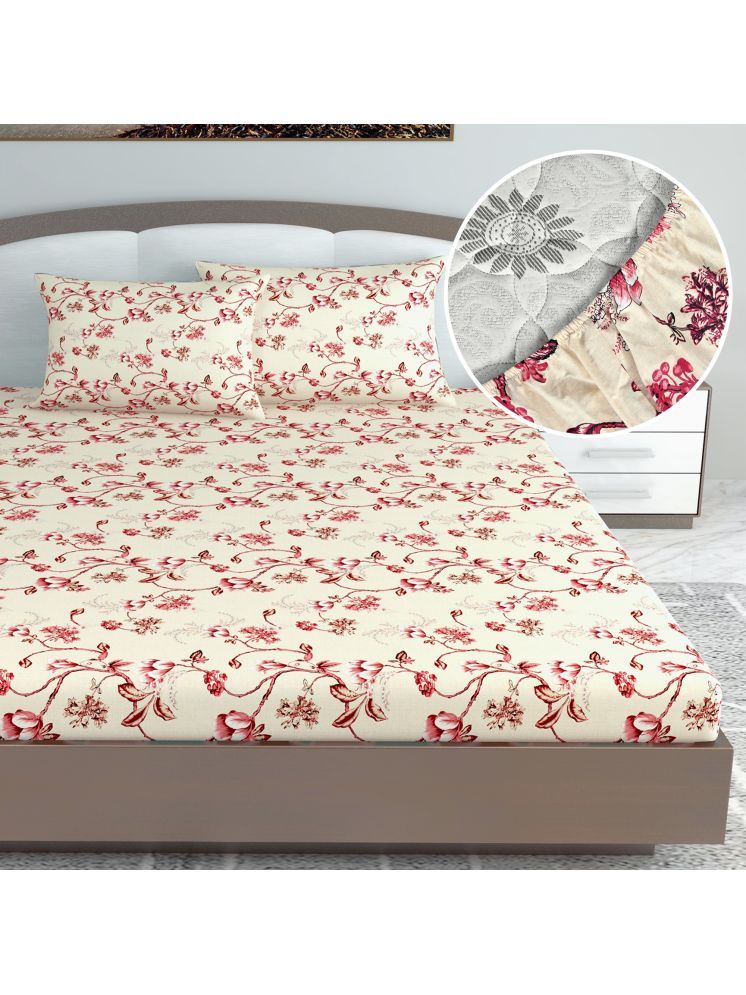     			DIVINE CASA Cotton Floral Fitted Fitted bedsheet with 2 Pillow Covers ( King Size ) - Beige