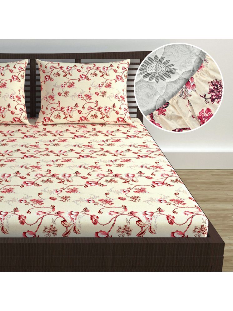     			DIVINE CASA Cotton Floral Fitted Fitted bedsheet with 2 Pillow Covers ( Double Bed ) - Beige