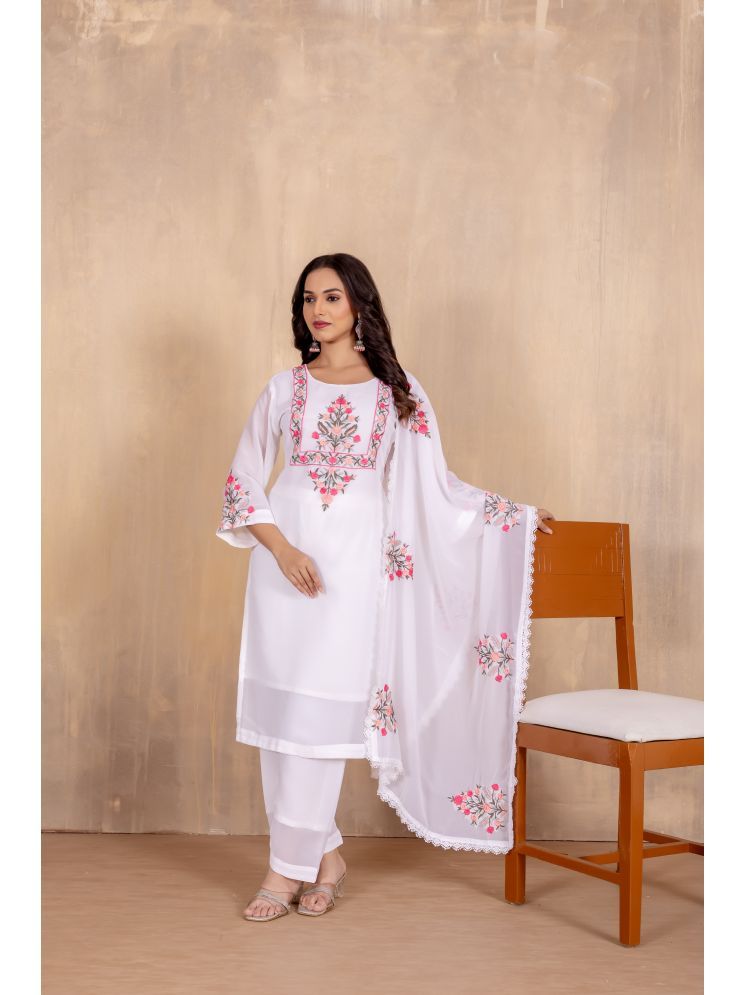     			Sanjana Silks Georgette Printed Kurti With Pants Women's Stitched Salwar Suit - White ( Pack of 1 )