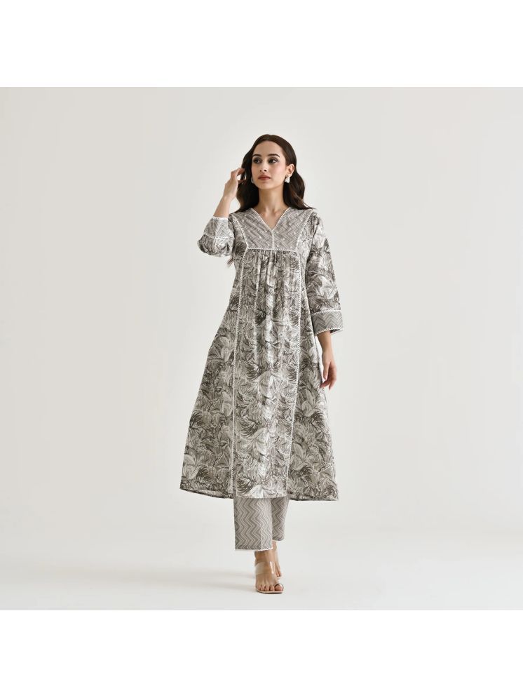     			Sanwariya Silk Cotton Printed Kurti With Pants Women's Stitched Salwar Suit - Grey ( Pack of 1 )