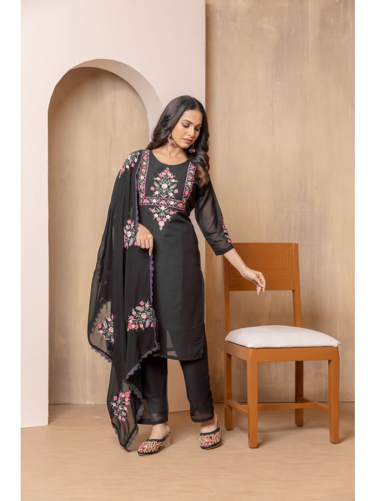     			Sanwariya Silk Georgette Embroidered Kurti With Pants Women's Stitched Salwar Suit - Black ( Pack of 1 )