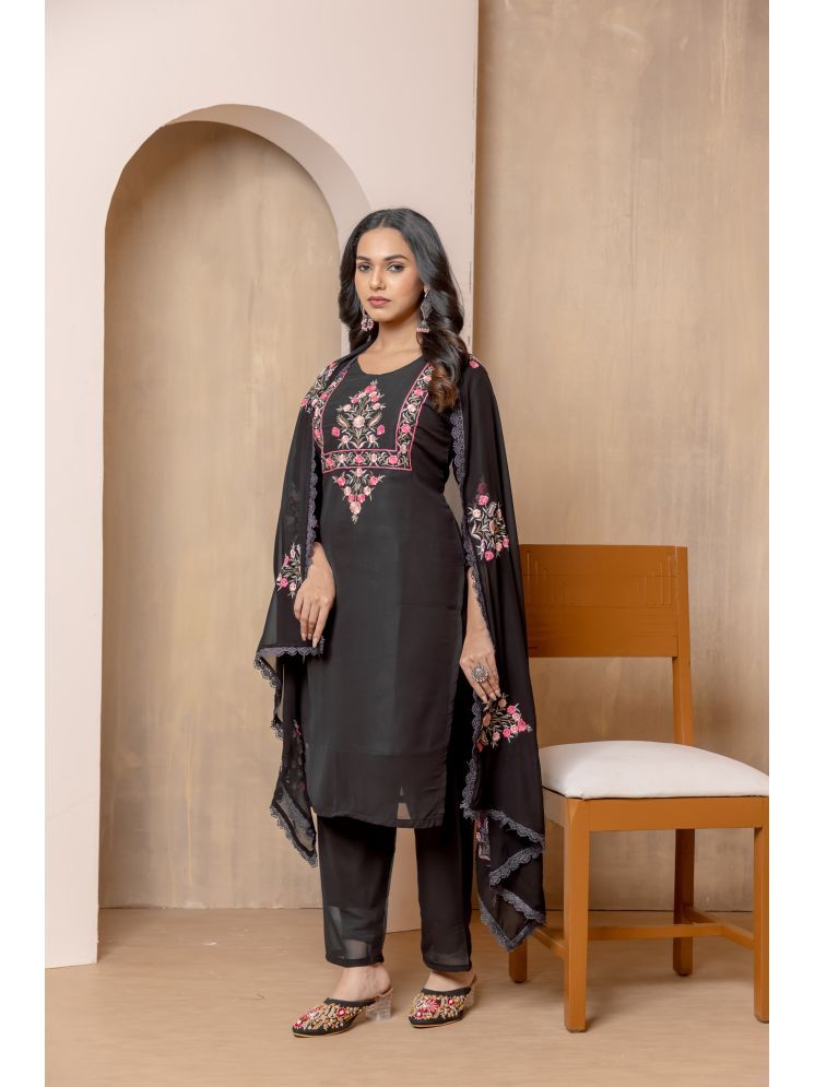     			Sanwariya Silk Georgette Printed Kurti With Pants Women's Stitched Salwar Suit - Black ( Pack of 1 )