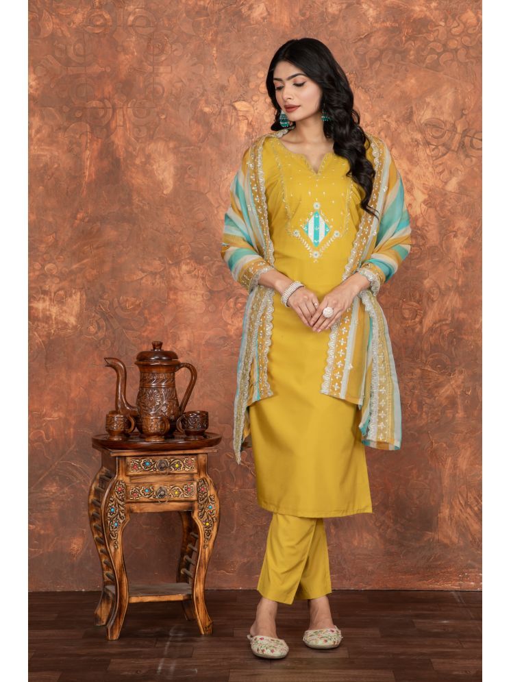     			Sanwariya Silk Silk Blend Printed Kurti With Pants Women's Stitched Salwar Suit - Yellow ( Pack of 1 )