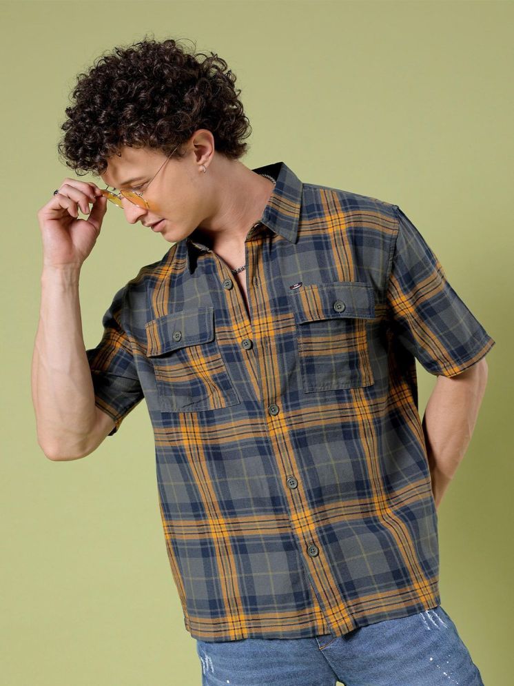     			The Indian Garage Co. 100% Cotton Boxy Checks Half Sleeves Men's Casual Shirt - Olive ( Pack of 1 )