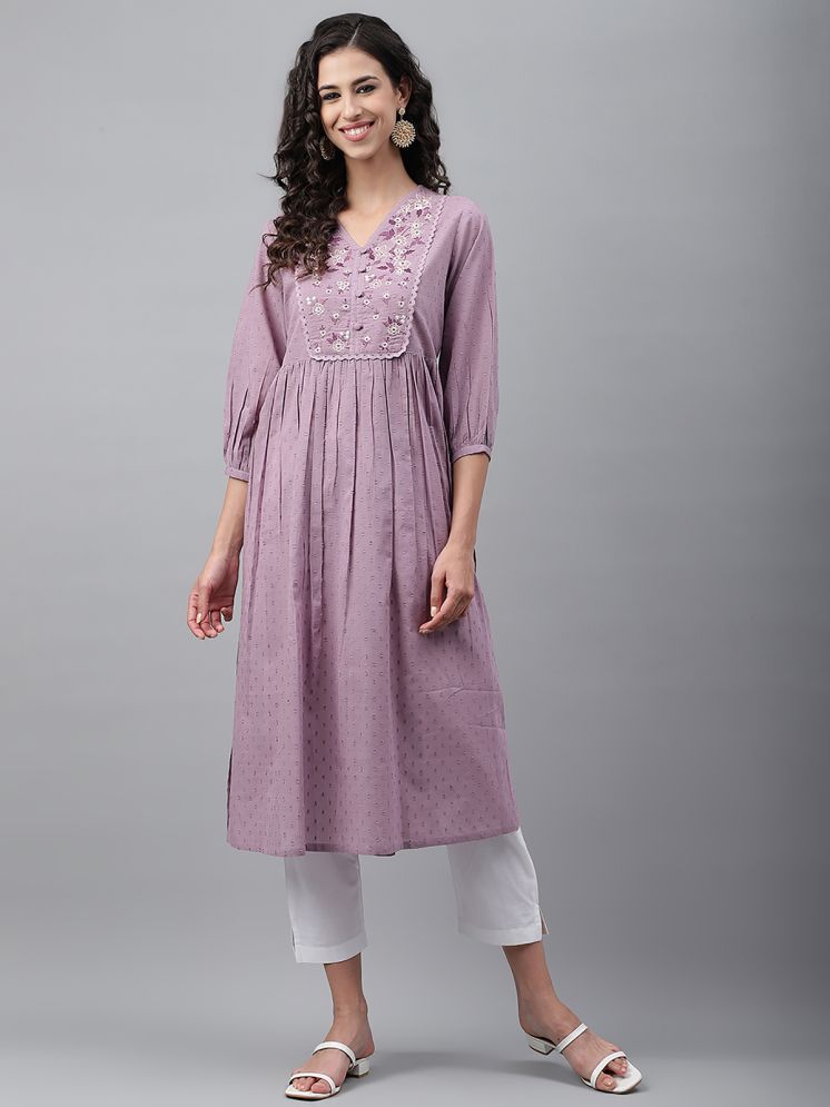     			Janasya Pack of 1 Cotton Embroidered Nayra Women's Kurti - ( Lavender )