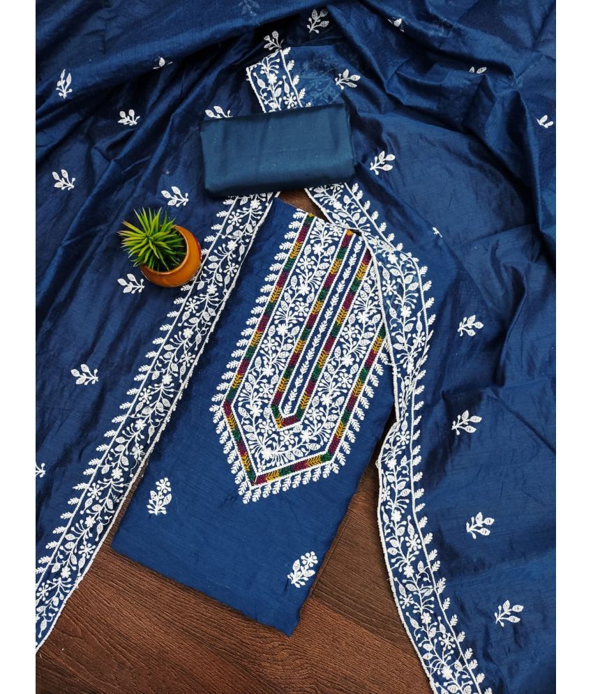     			ALSHOP Unstitched Chanderi Embroidered Dress Material - Blue ( Pack of 1 )