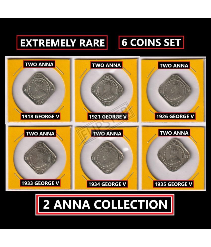     			**Extremely Rare 6 Coins** 2 Anna 1918-1935, King George 5th - British India old 6 Copper Coins Collection