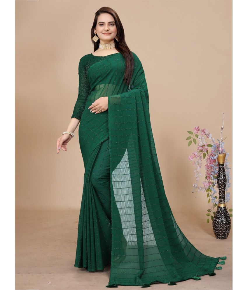     			Lady Shopi Pack of 1 Chiffon Striped Saree With Blouse Piece ( Green )