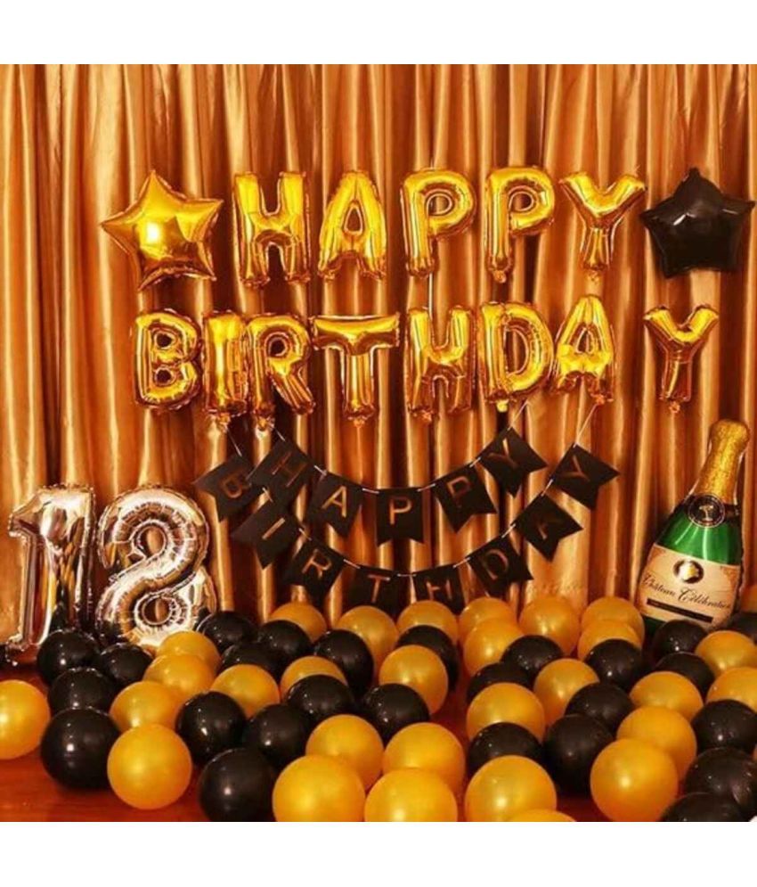     			PartyBooms Happy Birthday Gold Decoration Item, HBD Black Decoration, 18 Number SIlver Foil, 1 Champenge Foil, 1 Gold, 1 Black Star Foil, 20 Black & 20 Gold Metalic Balloons Pack Of 47