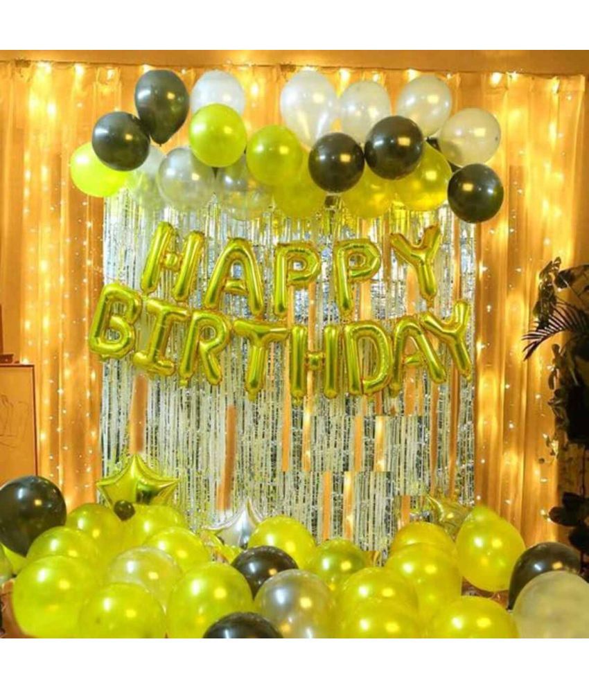     			PartyBooms Happy Birthday Gold Decoration Item, 2 Gold & 1 Silver Star Foil, 5 Confetti Balloon, 15 Yellow & 15 White 15 Black Metallic Balloon Pack of 54