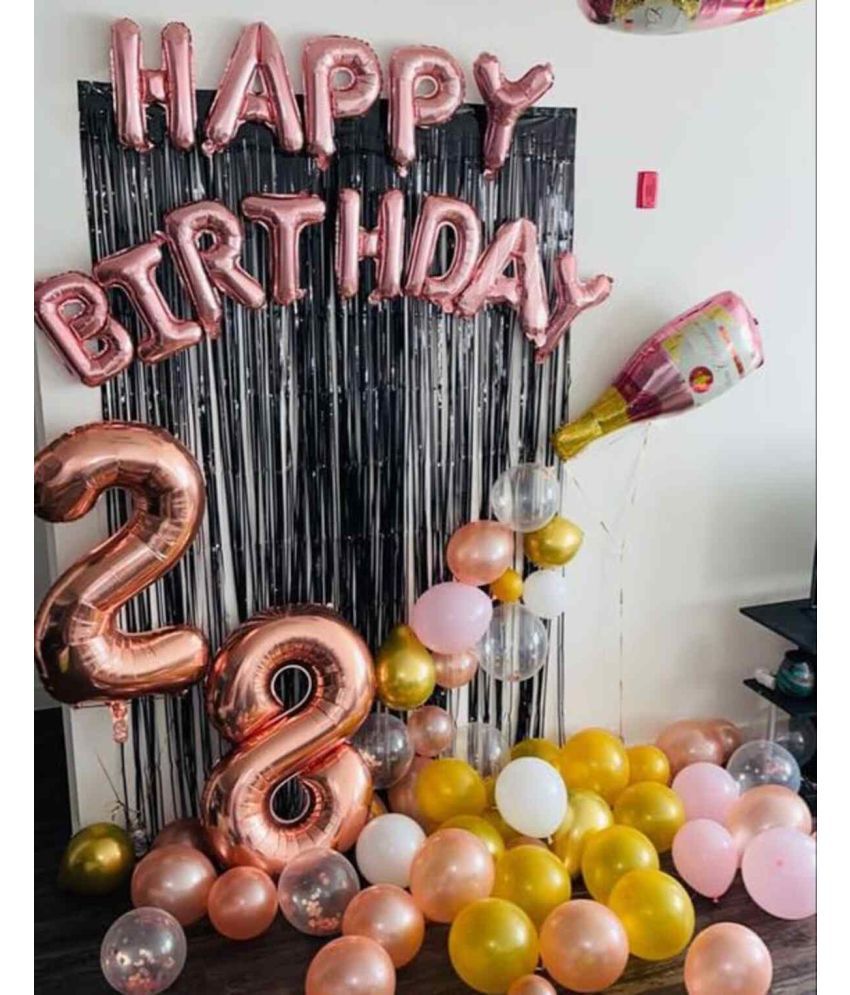     			PartyBooms Happy Birthday RoseGold Decoration Item, 28 RoseGold Number Foil & 1 Champenge Foil, 1 Black Curtain, 5 Confetti Balloon, 10 Yellow & 10 White 10 Rosegold Metallic Balloon Pack of 40