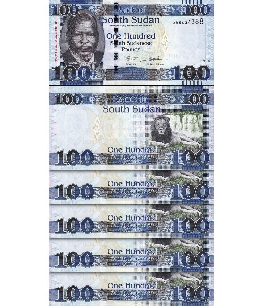     			South Sudan 100 Pounds Consecutive Serial 5 Notes in Top Grade Gem UNC