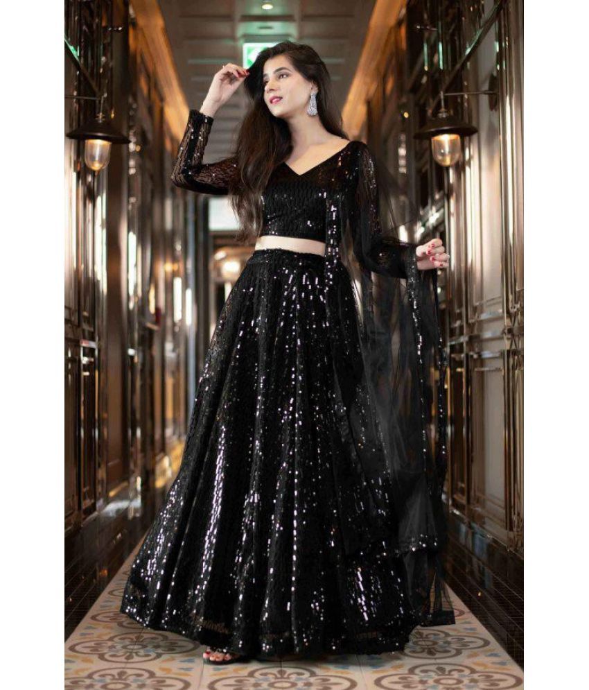     			Trijal Fab Black Organza Circular Semi Stitched Lehenga Single