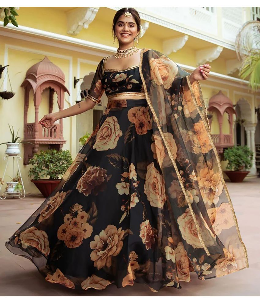     			Trijal Fab Black Organza Circular Semi Stitched Lehenga Single