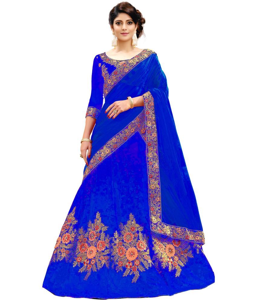     			Trijal Fab Blue Silk Circular Semi Stitched Lehenga Single