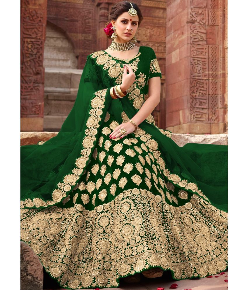     			Trijal Fab Green Silk Circular Semi Stitched Lehenga Single