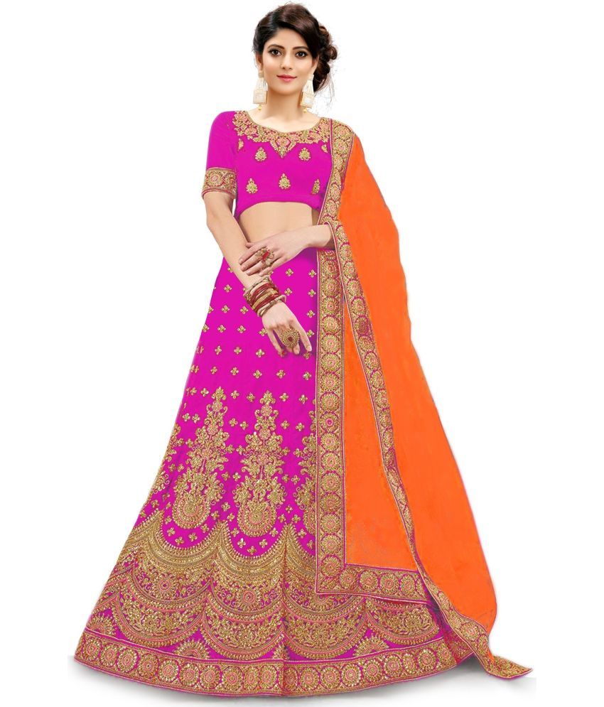     			Trijal Fab Pink Silk Circular Semi Stitched Lehenga Single