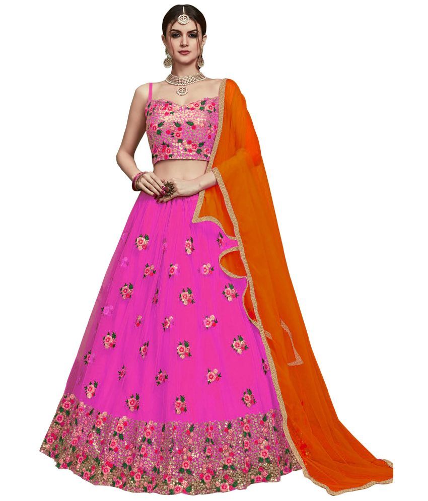     			Trijal Fab Pink Silk Circular Semi Stitched Lehenga Single