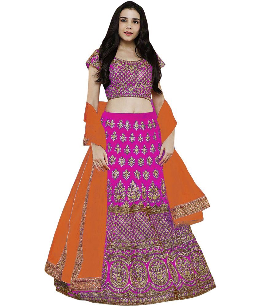     			Trijal Fab Pink Silk Circular Semi Stitched Lehenga Single