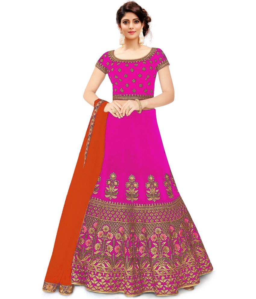     			kedar fab Pink Silk Circular Semi Stitched Lehenga Single