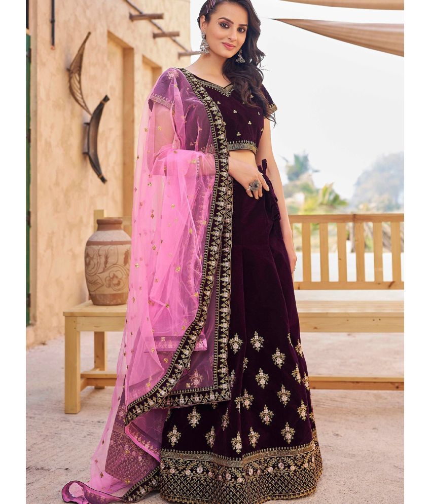     			kedar fab Purple Velvet Circular Semi Stitched Lehenga Single