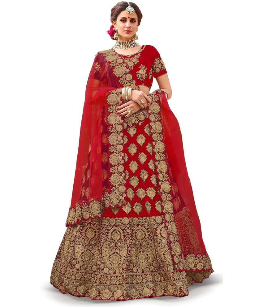     			kedar fab Red Silk Circular Semi Stitched Lehenga Single