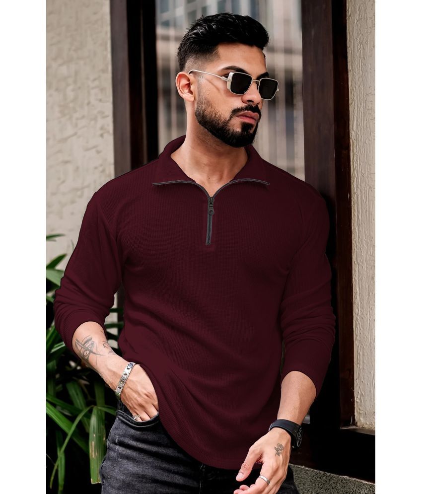     			Kintu Parantu Cotton Blend Regular Fit Self Design Full Sleeves Men's High Neck T-Shirt - Wine ( Pack of 1 )