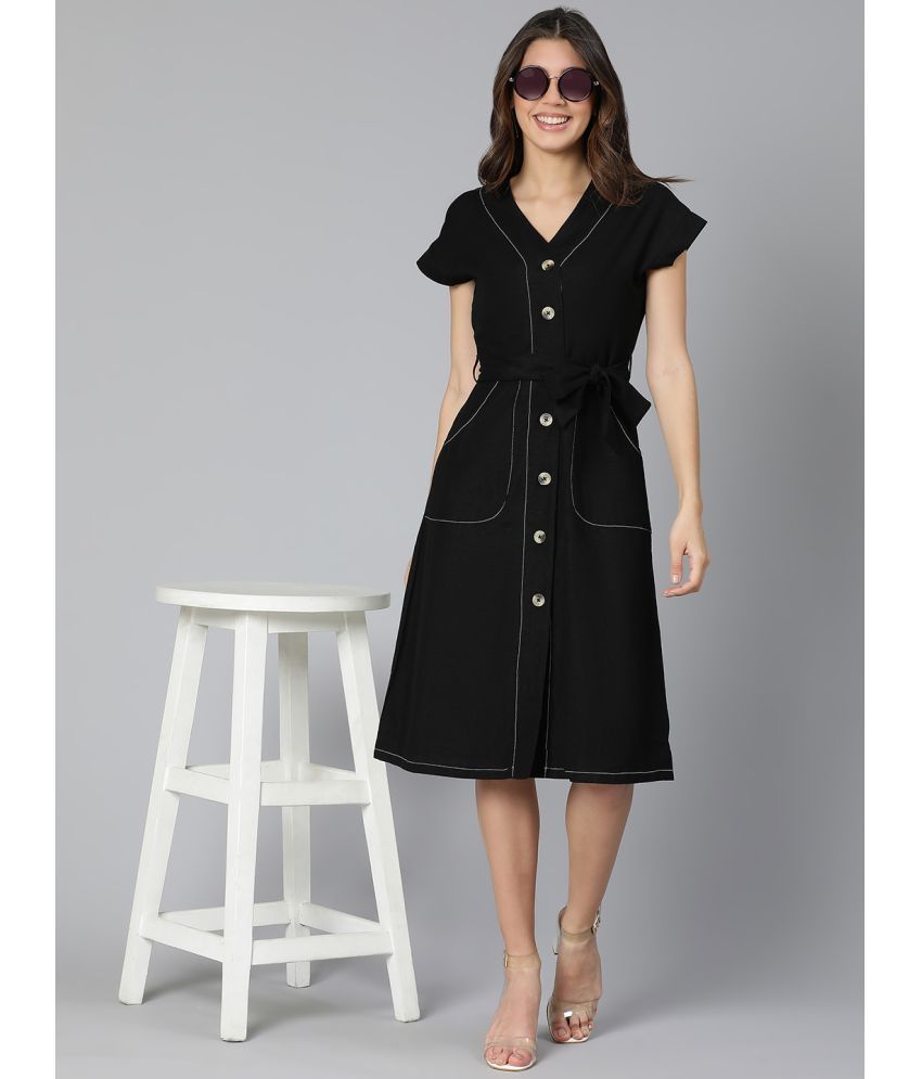     			Oxolloxo Cotton Solid Calf-Length Women's Shirt Dress - Black ( Pack of 1 )