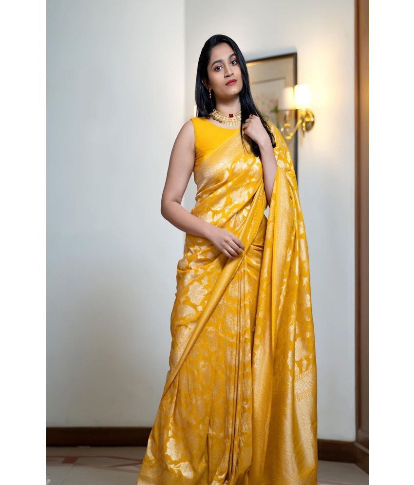     			SAREEKART FAB Pack of 1 Kanjivaram Silk Woven Saree With Blouse Piece ( Yellow )