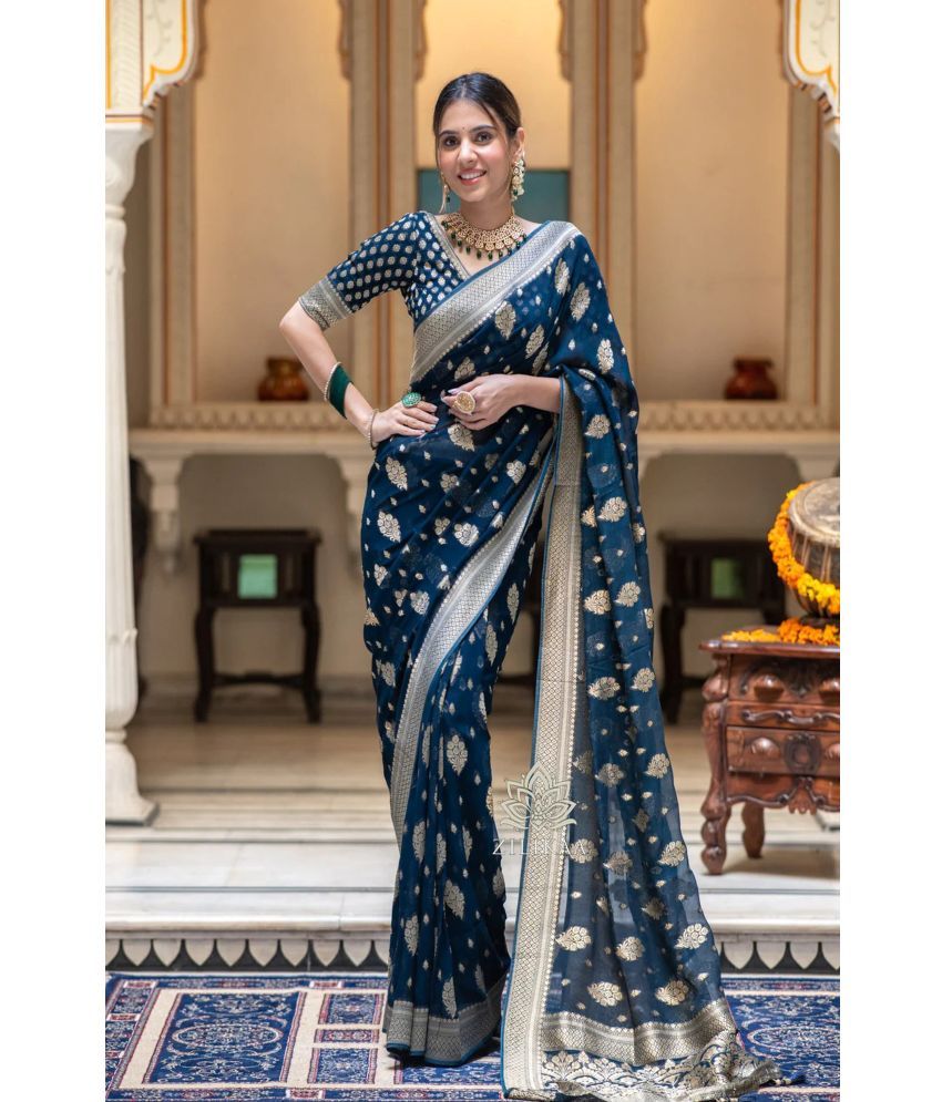     			SAREEKART FAB Pack of 1 Kanjivaram Silk Woven Saree With Blouse Piece ( Blue )