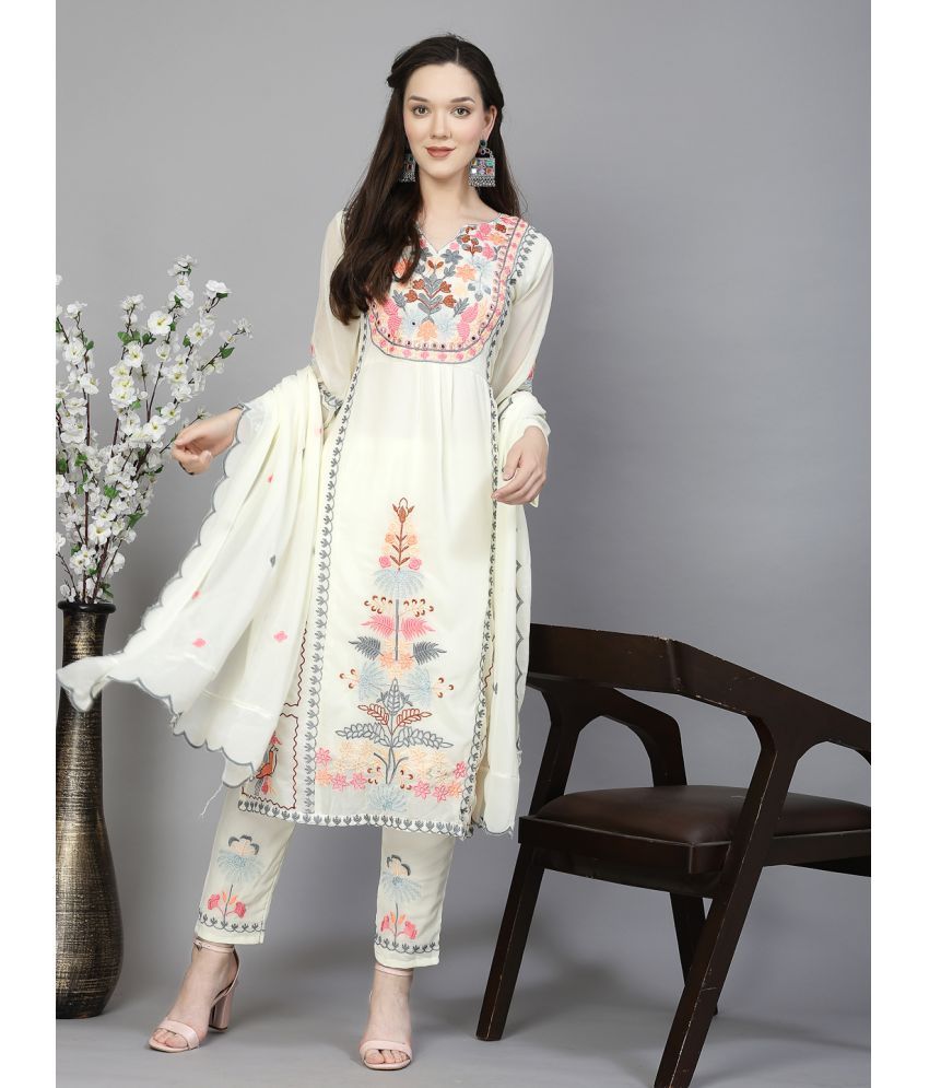     			piludi Georgette Embroidered Kurti With Pants Women's Stitched Salwar Suit - White ( Pack of 1 )