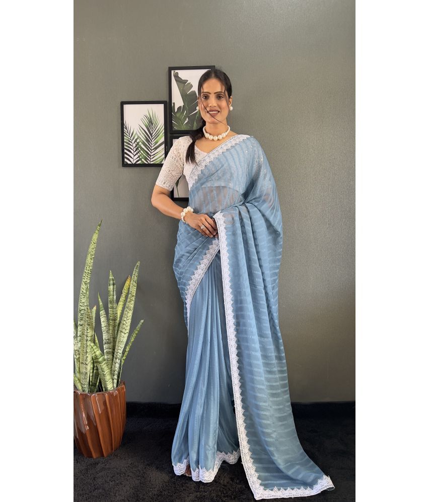     			A TO Z CART Pack of 1 Chiffon Striped Saree With Blouse Piece ( SkyBlue )