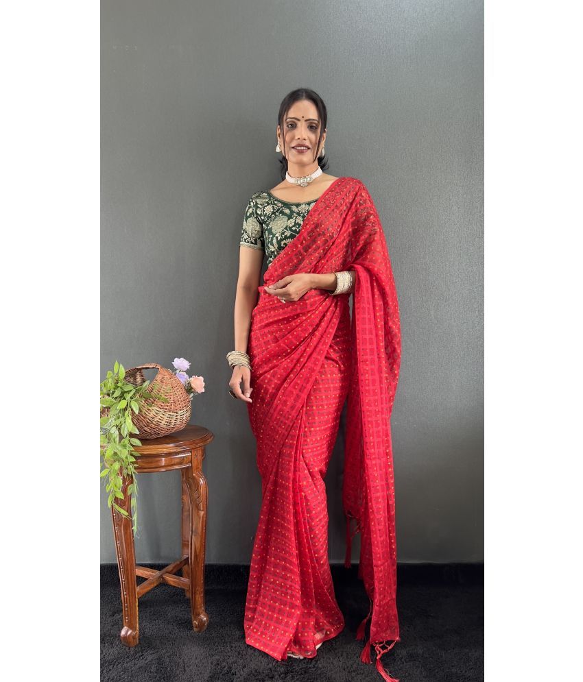     			A TO Z CART Pack of 1 Chiffon Checks Saree With Blouse Piece ( Red )