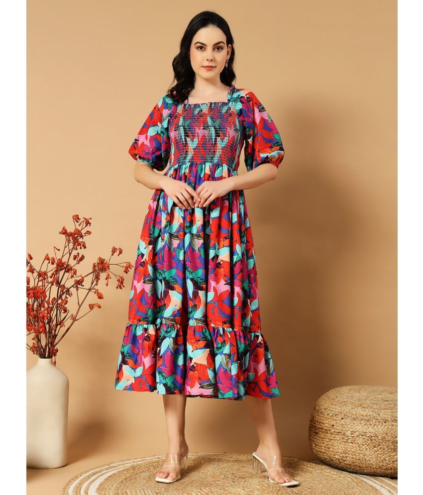     			Femvy Polyester Printed Midi Women's Fit & Flare Dress - Multi Color ( Pack of 1 )