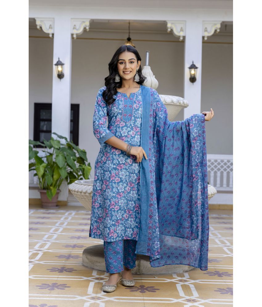     			Kohsh Cotton Printed Kurti With Pants Women's Stitched Salwar Suit - Blue ( Pack of 1 )